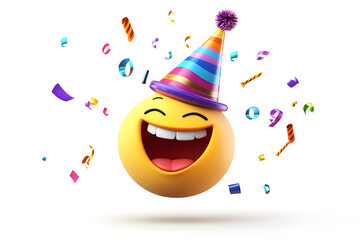 Joyful yellow emoji celebrates with confetti wearing a colorful party hat and big smile for a birthday or festive occasion.