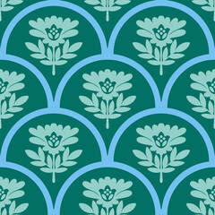 Seamless floral scallop pattern with stylised folk art blooms framed by graceful arch shapes. A deep teal background pairs with soft aqua turquoise motifs, creating a fresh Scandinavian vibe