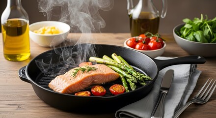 Fototapeta premium Steaming Salmon in Cast Iron Skillet with Grilled Asparagus and Tomatoes — Rustic Kitchen Scene