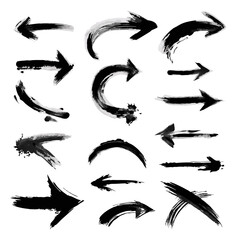 Fototapeta premium A black and white vector icon set of expressive brush stroke arrows designed for creative interfaces and artistic layouts. 