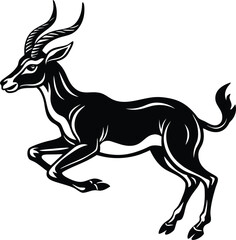 Fototapeta premium Black gazelle leaping with curved horns and detailed body antelope animal