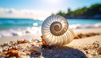 Translucent nautilus shell on a sunlit sandy beach Its spiral pattern is visible against sparkling blue ocean waves