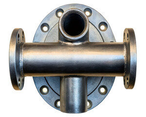 Industrial metal pipe cross fitting with threaded and flanged ends on a transparent background