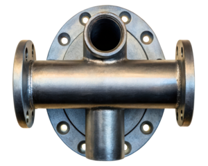Industrial metal pipe cross fitting with threaded and flanged ends on a transparent background