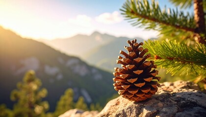 A natural pine cone sits on a textured rock bathed in golden sunlight with blurred mountain peaks and a clear sky