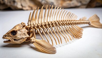 Close up view of a detailed fish skeleton specimen displaying intricate bone structure and fins on a white surface