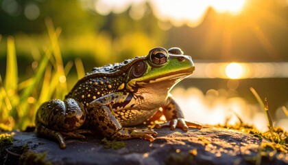 Fototapeta premium Close up of a vibrant green and brown frog resting on a mossy rock by a sunlit pond during golden hour