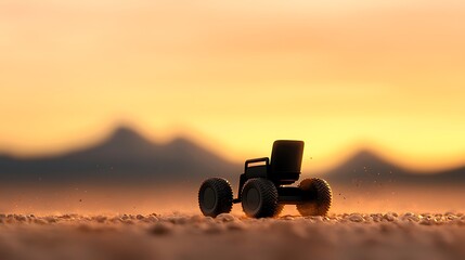 Miniature off road vehicle kicks up dust during golden hour sunset