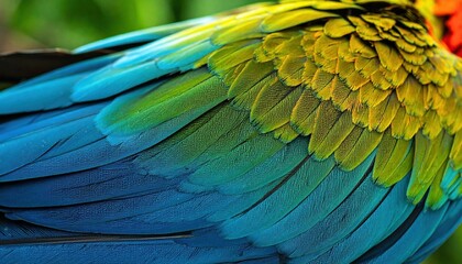 Fototapeta premium Close up view of vibrant blue green and yellow bird feathers showcasing intricate patterns and rich plumage