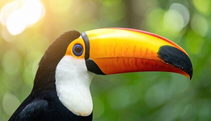 Naklejka premium Toucan bird profile showing its large yellow orange and red beak Blue eye visible against blurred green background