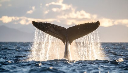 Fototapeta premium Powerful whale fluke breaches the deep blue ocean spraying water droplets backlit by warm sunlight