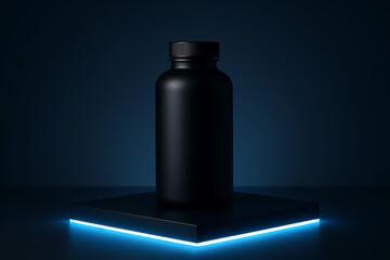 Black matte bottle mockup displayed on glowing neon platform in futuristic dark background lighting for product and branding showcase