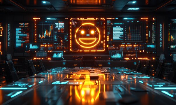 Futuristic conference room with glowing displays and smiley face