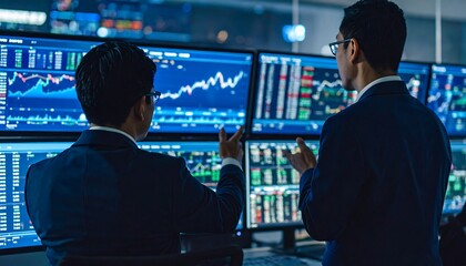 Two businessmen in a modern trading room, discussing financial data displayed on multiple monitors