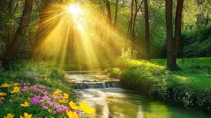 Fototapeta premium Springtime Beauty: Sunlit Stream Surrounded By Nature