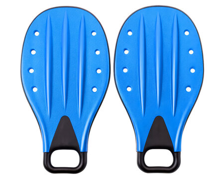 Pair of blue plastic hand paddles for swimming strength training on a transparent background