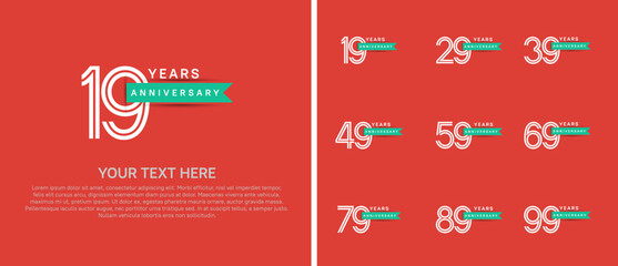 logo anniversary set. white color with green ribbon on orange background for special event