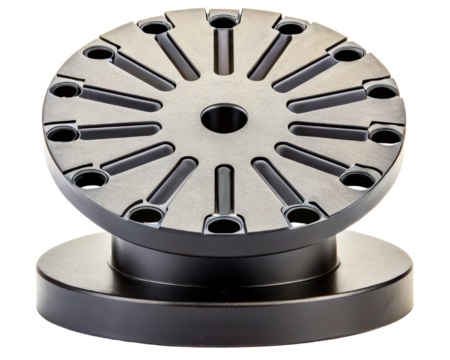 Circular metal indexing fixture plate for a milling machine on a transparent background
