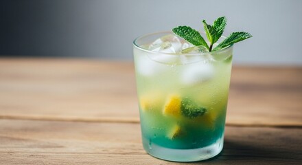 Fototapeta premium Refreshing green cocktail garnished with mint and ice cubes on a wooden table.