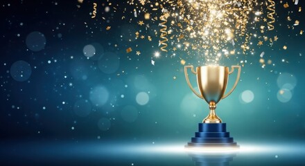 Golden trophy standing proudly on a blue pedestal surrounded by falling confetti sparkles brilliantly