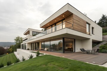 Modern luxury villa with wood accents and expansive glass walls overlooking a green landscape