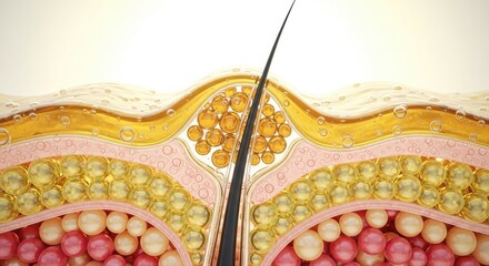 Hair strand pierces the layers of skin; golden fluid and vibrant cells show up close