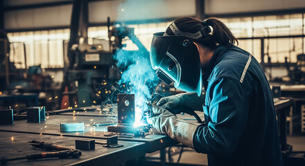 Woman welder in a dark auto repair shop expertly welds metal with bright blue sparks and safety gear