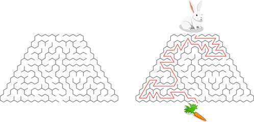 White bunny sits on the circus pedestal. Help it to find the carrot under the stand. Vector trapezium maze with animal. Labyrinth with entry and exit. Difficulty level - easy. Answer included