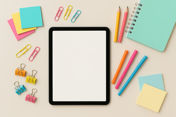 Colorful stationery and tablet mockup flatlay with notebook pencils paper clips and markers arranged on beige background creative workspace top view