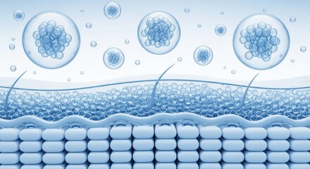 Light blue human skin layers reveal hair follicles and transparent spheres on top in detail
