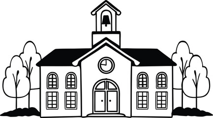 Fototapeta premium Black and White School Building Silhouette Vector, School Building Icon Illustration.