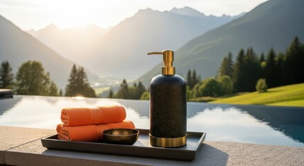 Orange towels, bowl, and speckled bottle reside near the pool, set against scenic mountain views