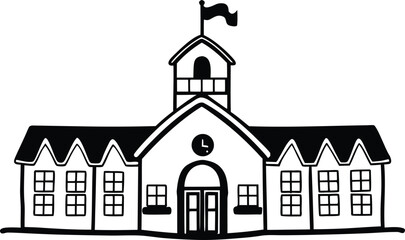 Black and White School Building Silhouette Vector, School Building Icon Illustration.