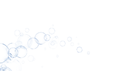 A cluster of translucent bubbles floats against a stark white background, creating a light and airy effect.