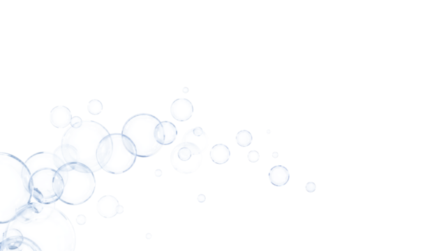 A cluster of translucent bubbles floats against a stark white background, creating a light and airy effect.