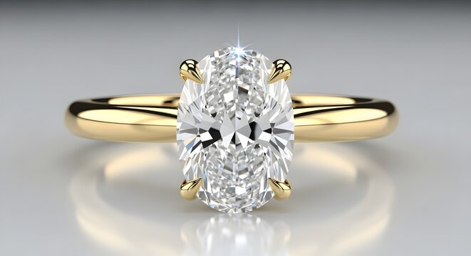 A close-up studio shot of a gold ring featuring a large, oval-cut diamond solitaire, set against a neutral background.