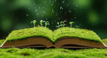 Rain falls gently upon green sprouts emerging from an open book covered in moss