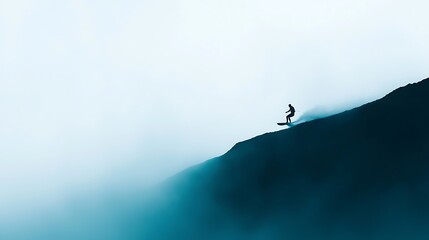 Lone surfer rides a massive wave in misty ocean waters