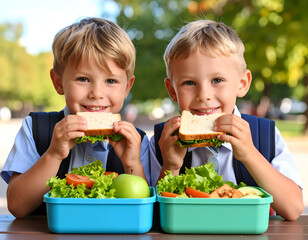 Two children eating lunch from a lunchbox, showing a curious expression, elementary school theme, educational and playful concept, commercial stock photo style