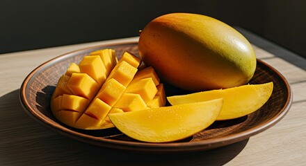 Sliced Mango Still Life: Golden Cubes and Slices on Rustic Plate, Natural Light