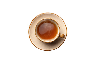 Elegant ceramic tea cup with amber liquid on matching saucer, isolated on a transparent background