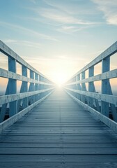 A weathered wooden pier extends towards a dazzling light on the horizon beneath a vast, serene sky