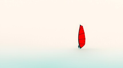 Lone windsurfer with bright red sail on a calm misty water