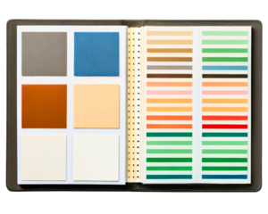 Interior design catalog with material and color swatches on a transparent background