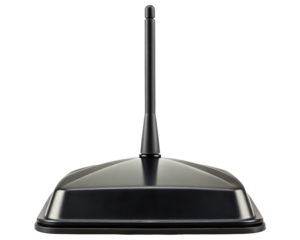 Modern black automotive roof mount whip antenna for radio signal on a transparent background