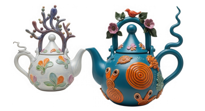 Decorative teapots with floral and snail designs isolated on transparent background - Powered by Adobe