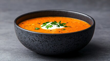 Hearty orange soup garnished with cream and fresh parsley in a dark bowl
