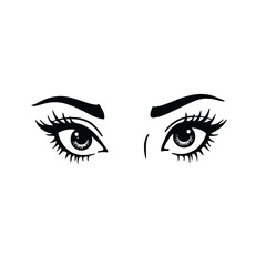 Black and white illustration of a woman's eyes with long eyelashes and defined eyebrows vector