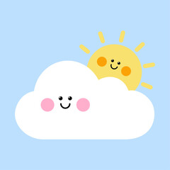 A cheerful illustration of a cute sun and cloud with happy smiling faces. Adorable kawaii characters representing a sunny day, friendship, and positive feelings. Perfect for kids and nursery art
