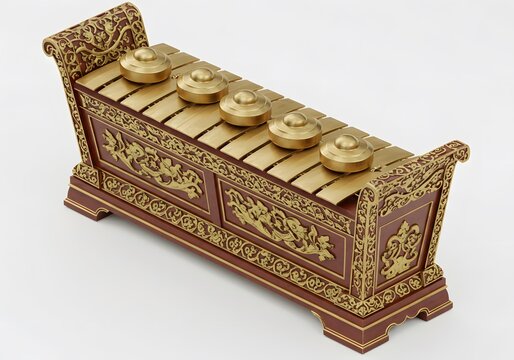 A detailed Balinese Rindik, a traditional musical instrument, features intricate gold carvings on a rich reddish-brown wooden base with brass keys and gongs.